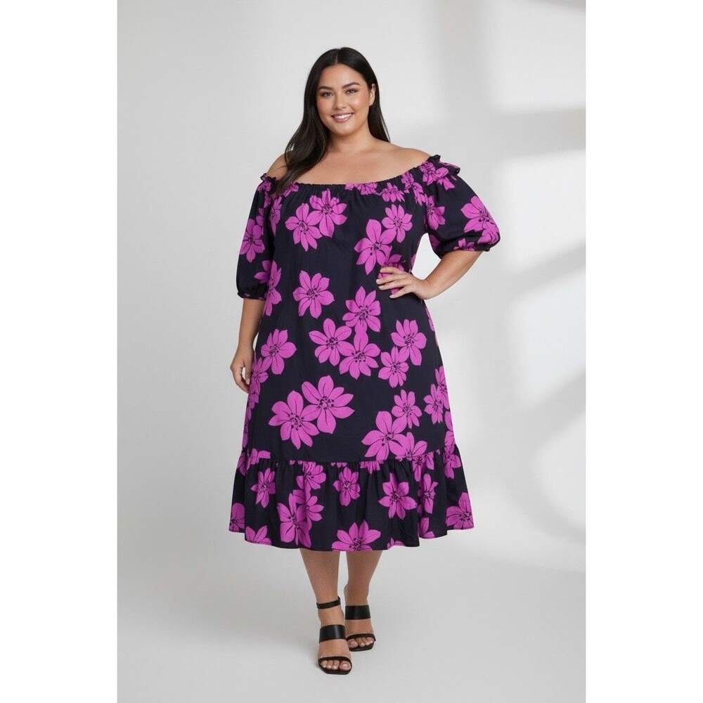 Plus Size 3X Black Purple Floral Off Shoulder Resort Midi Cotton Who What‎ Wear